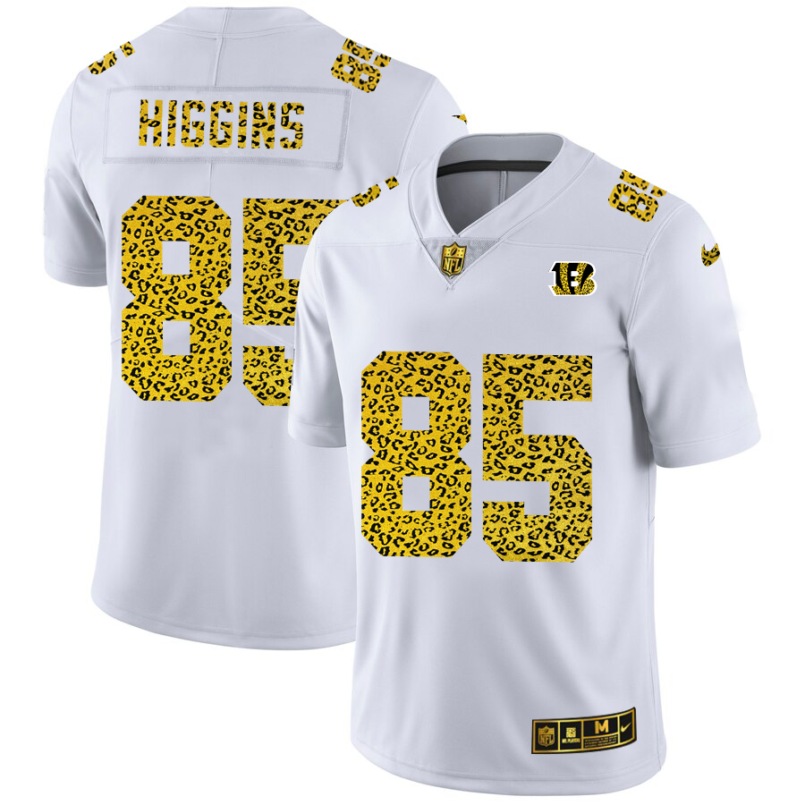 Custom Cincinnati Bengals 85 Tee Higgins Men Nike Flocked Leopard Print Vapor Limited NFL Jersey White